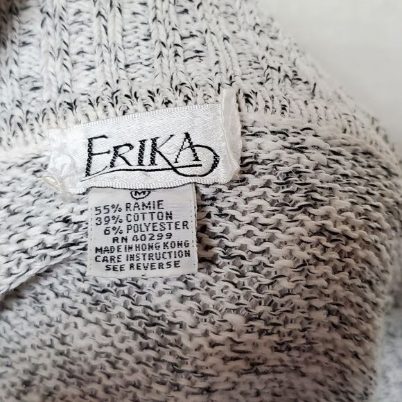 VINTAGE 1970s Erika Gray Black Speckle Knit High Low V-neck Wide Belt Dress M - Picture 14 of 14